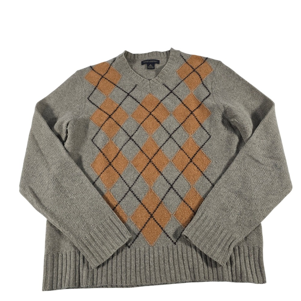 Banana Republic Mens Argyle V-Neck Sweater Wool Cashmere Angora Blend Taupe M